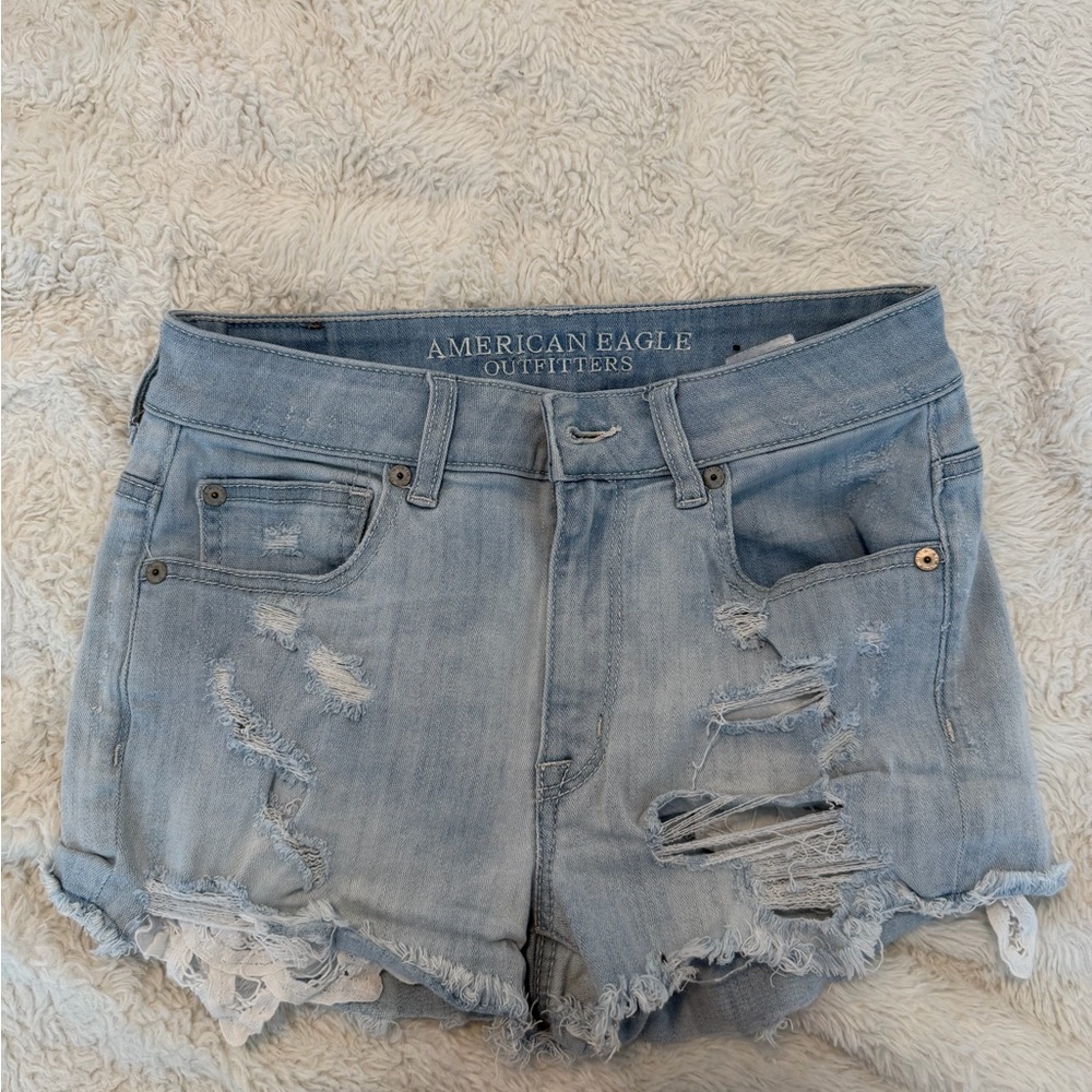 American Eagle Women's Light Blue Distressed Shorts